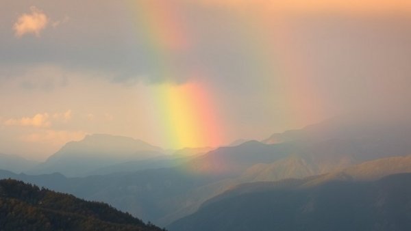 Vibrant rainbow illuminating mountains for Earth Month sustainability insights.