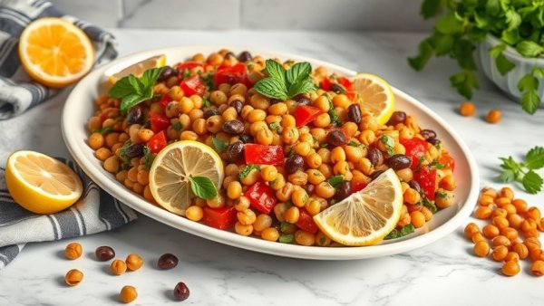 Colorful Mediterranean bean salad with lemon and mint on a marble surface.