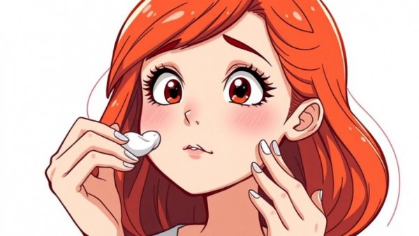 Cartoon woman applying cream thoughtfully, light background