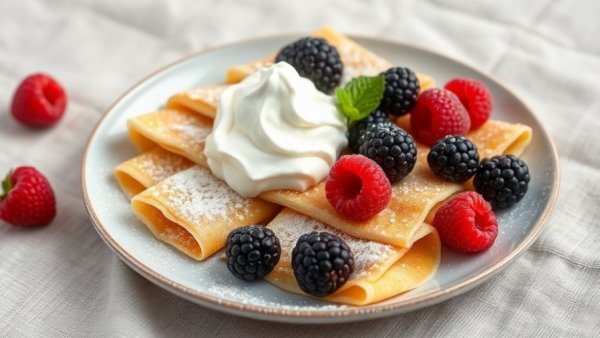 Easy crepes recipe with berries and whipped cream on a plate.