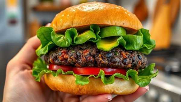 Close-up of a healthy black bean burger with avocado and lettuce.