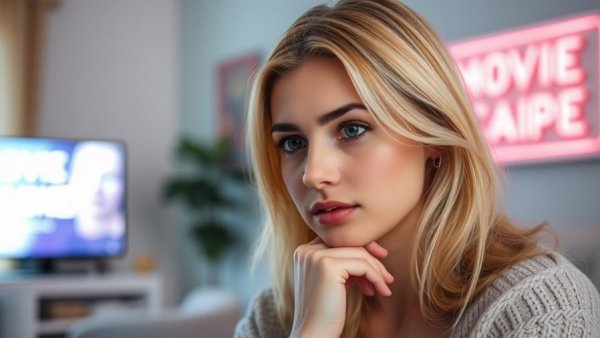 Interactive movie chains puzzle with blonde woman, split screen.