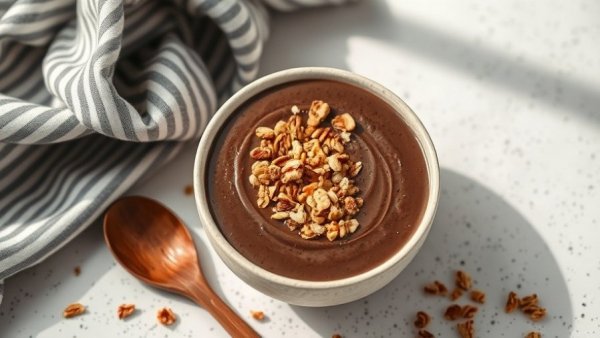 Chocolate smoothie bowl with granola on a speckled surface.
