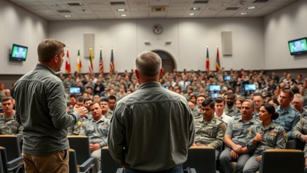 Military audience listens to a casual speech in modern auditorium.
