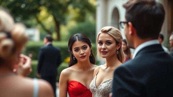Trump in conversation at a formal event, elegant setting, blurred details.