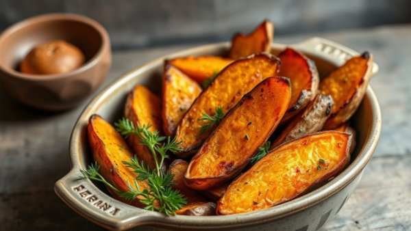 Golden roasted sweet potato wedges in a ceramic dish with wooden spoons.
