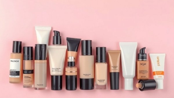 Assorted best foundations 2026 bottles and tubes on pink background.