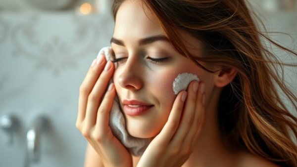 Woman in pink robe practicing gentle exfoliation with soft lighting.