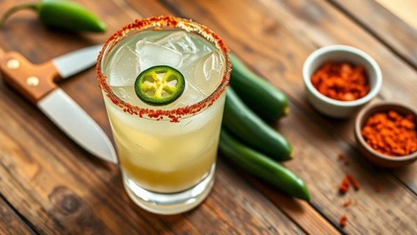 Zesty jalapeño margarita with chili rim and ice, best margarita recipes.
