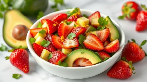 Fresh avocado strawberry salad in a white bowl on marble.