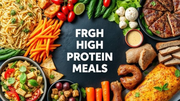 Colorful collage of meals for a 7 day high protein diet meal plan.