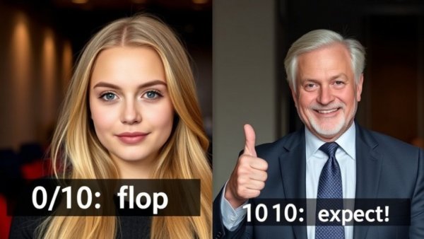 Celebrity gossip split-screen: woman labeled flop, man as expert.