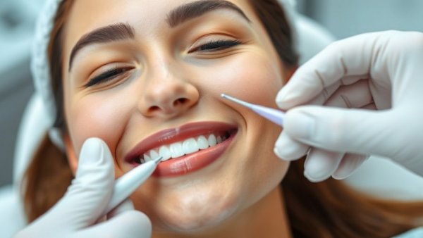 Smiling woman receiving dermaplaning treatment, clean bright setting.