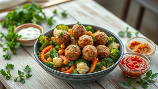 Healthy Mediterranean meatball bowl with vibrant roasted veggies.