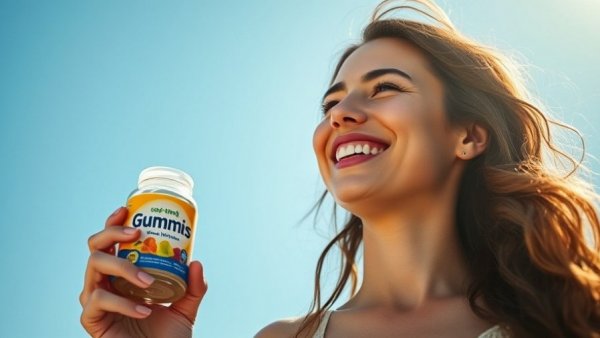 Woman with 2-in-1 fiber gummy for gut health in sunny setting