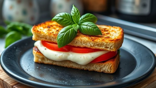 Savory Caprese grilled cheese sandwich on a black plate.