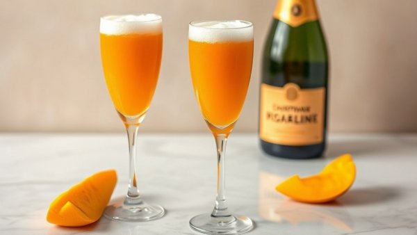 Elegant flutes of Mango Bellini with bottle, overflowing foam.