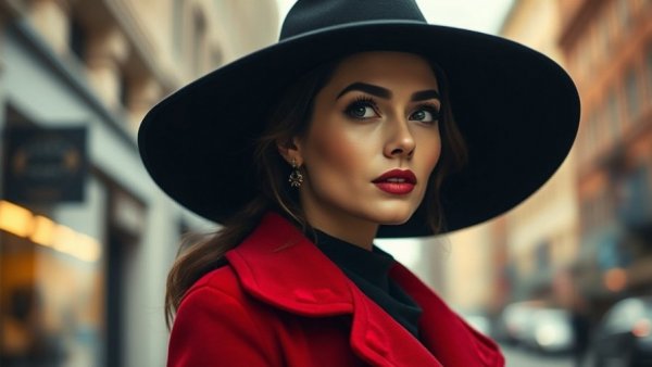 Elegant woman in black hat and red coat looking contemplative.