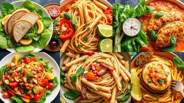 Collage of healthy meal plan recipes with various dishes and salads.