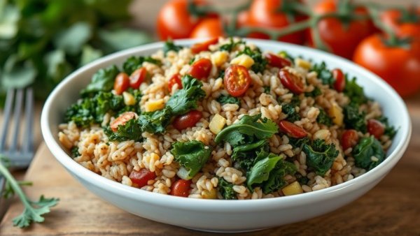 Warm kale and brown rice salad with almonds and cranberries in a bowl.