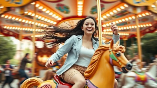 Young woman enjoying a carousel ride at theme park.