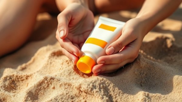 Hands holding sunscreen on sandy beach, emphasizing skin protection from sun.