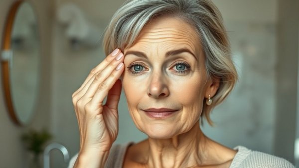 Middle-aged woman performing eye massage for under-eye wrinkles in bathroom.