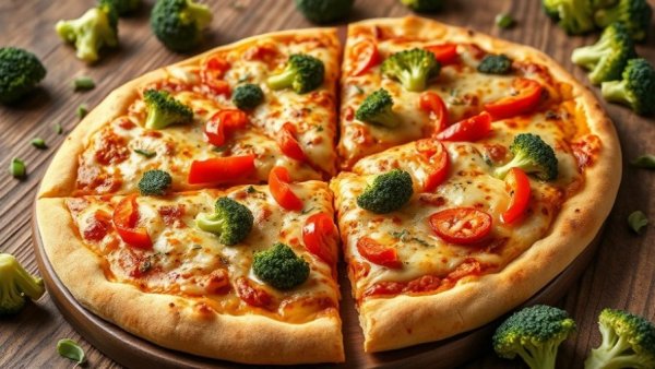 High protein chicken crust pizza with vibrant toppings on rustic wood.
