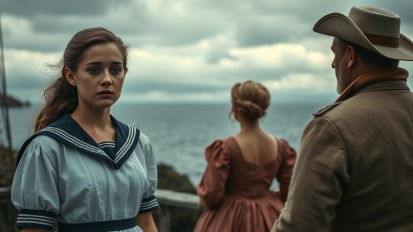 Young woman in sailor dress and couple in period attire, dramatic contrast.
