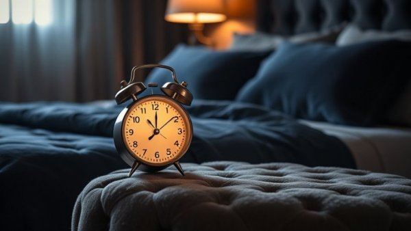Alarm clock effects on sleep: glowing alarm clock in dim bedroom.