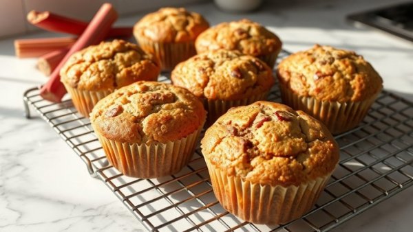 Golden rhubarb muffins cooling on a rack with gentle lighting.