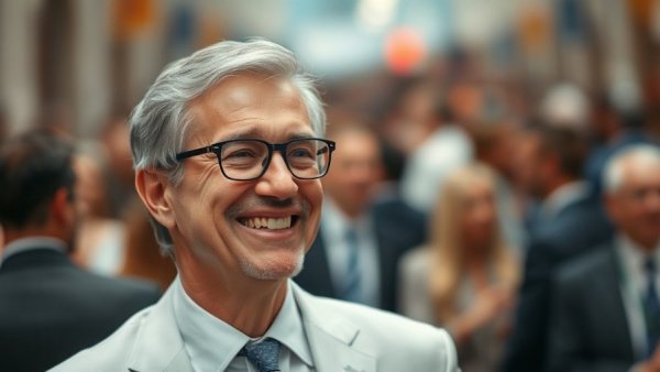 Man with glasses comments on AI writing process in crowded event.