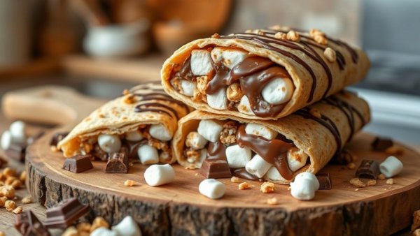 S'mores Crunchwraps filled with chocolate and marshmallows on a board.