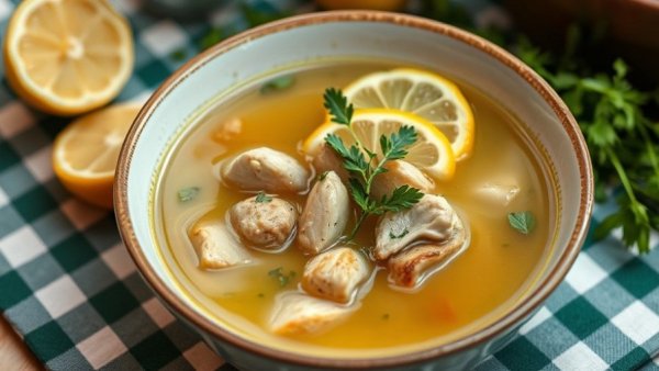 Greek lemon chicken soup with dill and bread slices.