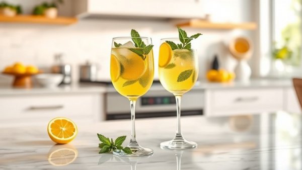 Refreshing limoncello spritz recipe with mint and lemon on marble counter.