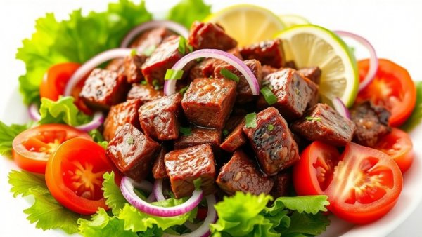 Vibrant Vietnamese Shaking Beef Salad with beef cubes and fresh greens.