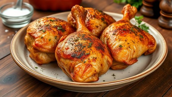 Crispy roasted chicken thighs on ceramic plate with herbs.