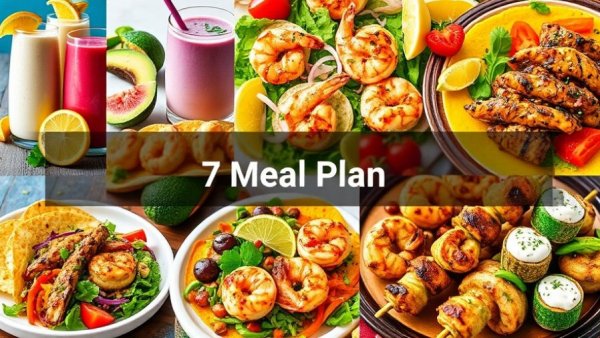 7-Day Healthy Meal Plan vibrant collage of diverse meals.