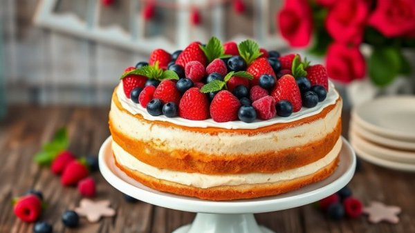 Angel Food Cake with fresh berries and mint on a white stand.