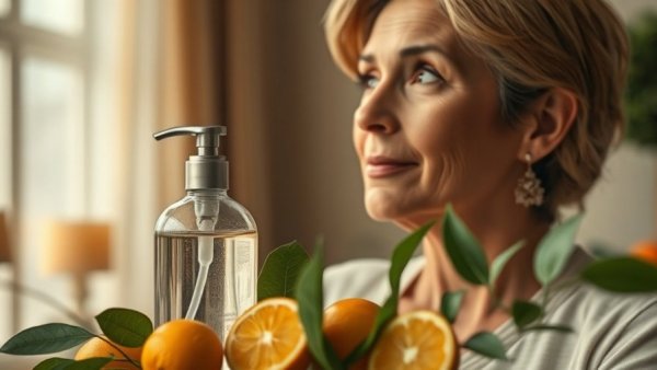 Elegant woman and eco-friendly product with citrus, promoting clean living products.