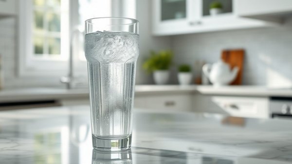 Two glasses, sparkling and still water, on a marble counter for optimal health.