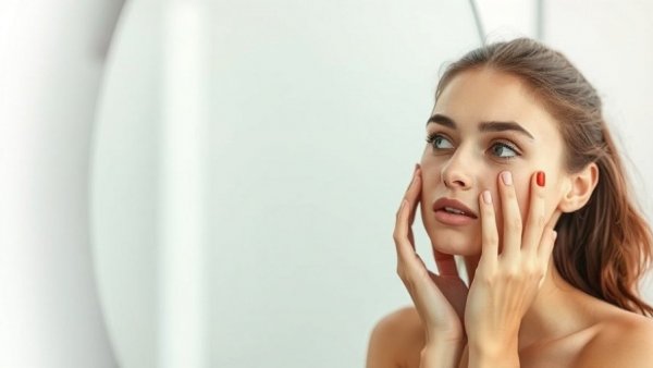 Young woman pondering skin appearance, mirror reflection.