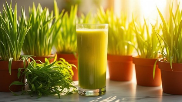 Fresh wheatgrass juice surrounded by healthy plants highlighting benefits of wheatgrass.