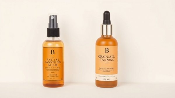 Facial tanner mist and serum comparison on minimalist background