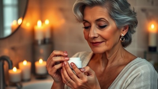 Mature woman applying skincare cream, illustrating 'retinal vs retinol after 50'.
