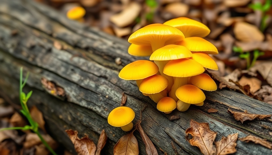 Bright yellow mushrooms on a log in a forest floor setting for mushrooms for wellness.