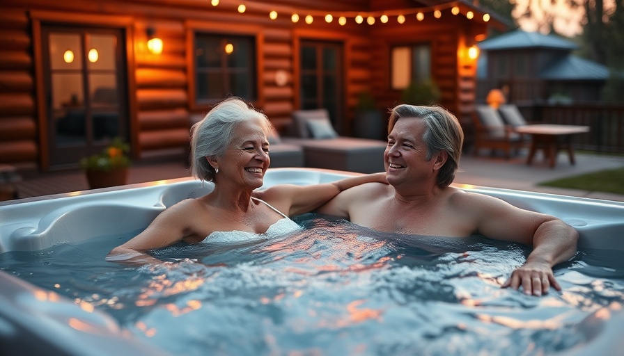 Couple enjoying plug-and-play hot tub near log cabin.