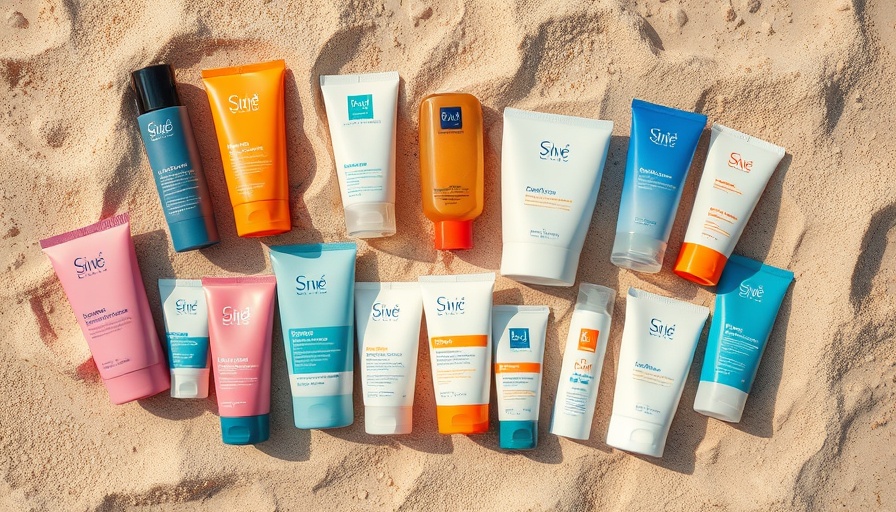 Top-rated sunscreens arranged on sand background, vibrant packaging.