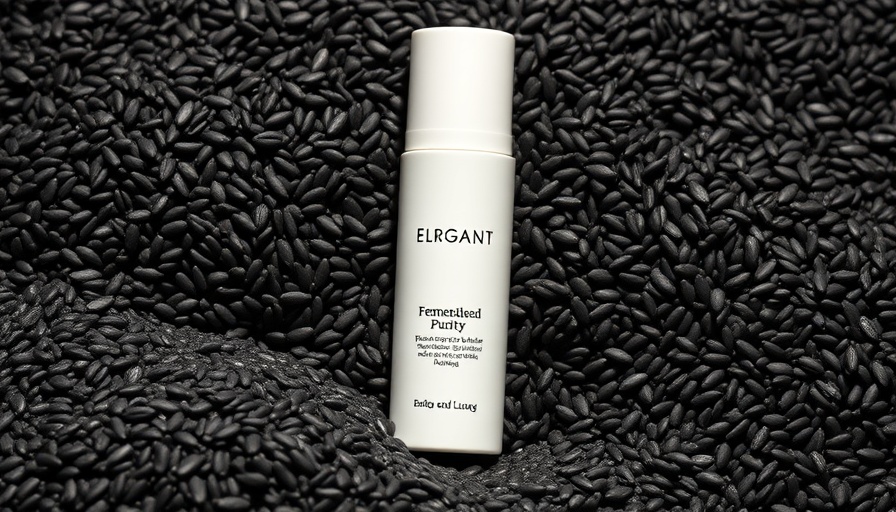 Luxurious skincare bottle with fermented black rice texture.