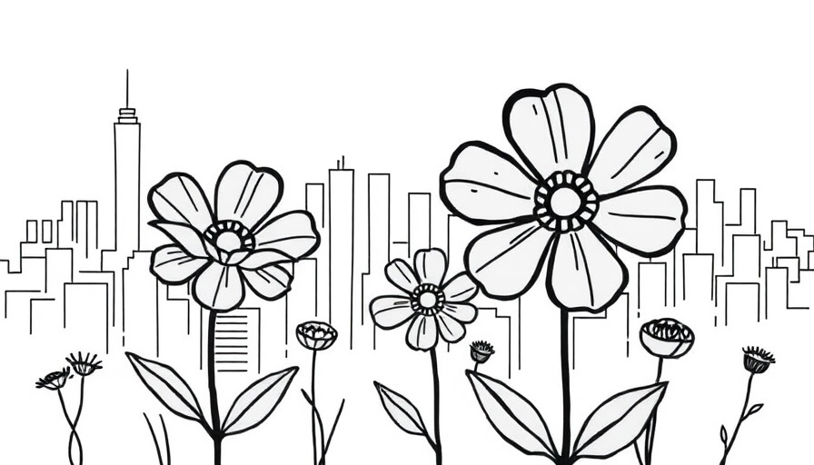 Murmuration Rae Armantrout cityscape with whimsical flowers drawing.